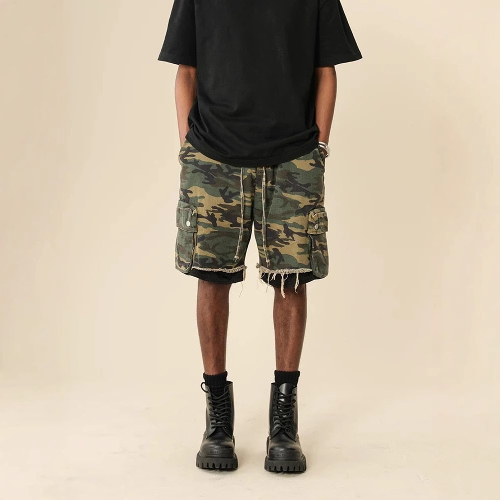 Street Fashion Jeans Men - Shorts mimetici vintage lavati con bordi